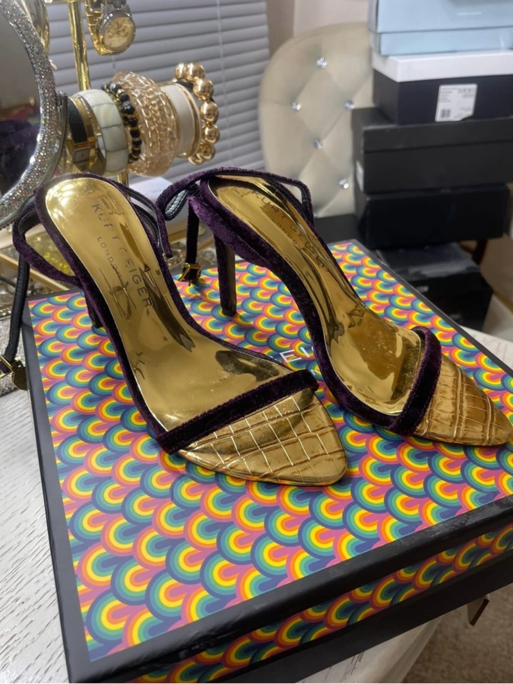 Kurt G. Gold and Purple Velvet Stiletto Sandals - Women's Dress Heels